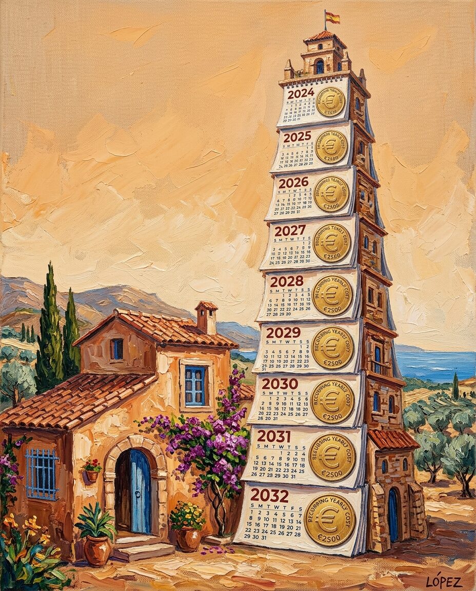 Illustration of a Spanish villa beside a tall tower of yearly calendars, each stamped with a recurring annual cost