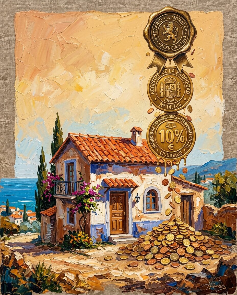 Illustration of a Spanish villa with notary, land registry and transfer tax stamps representing the real cost of buying property in Spain