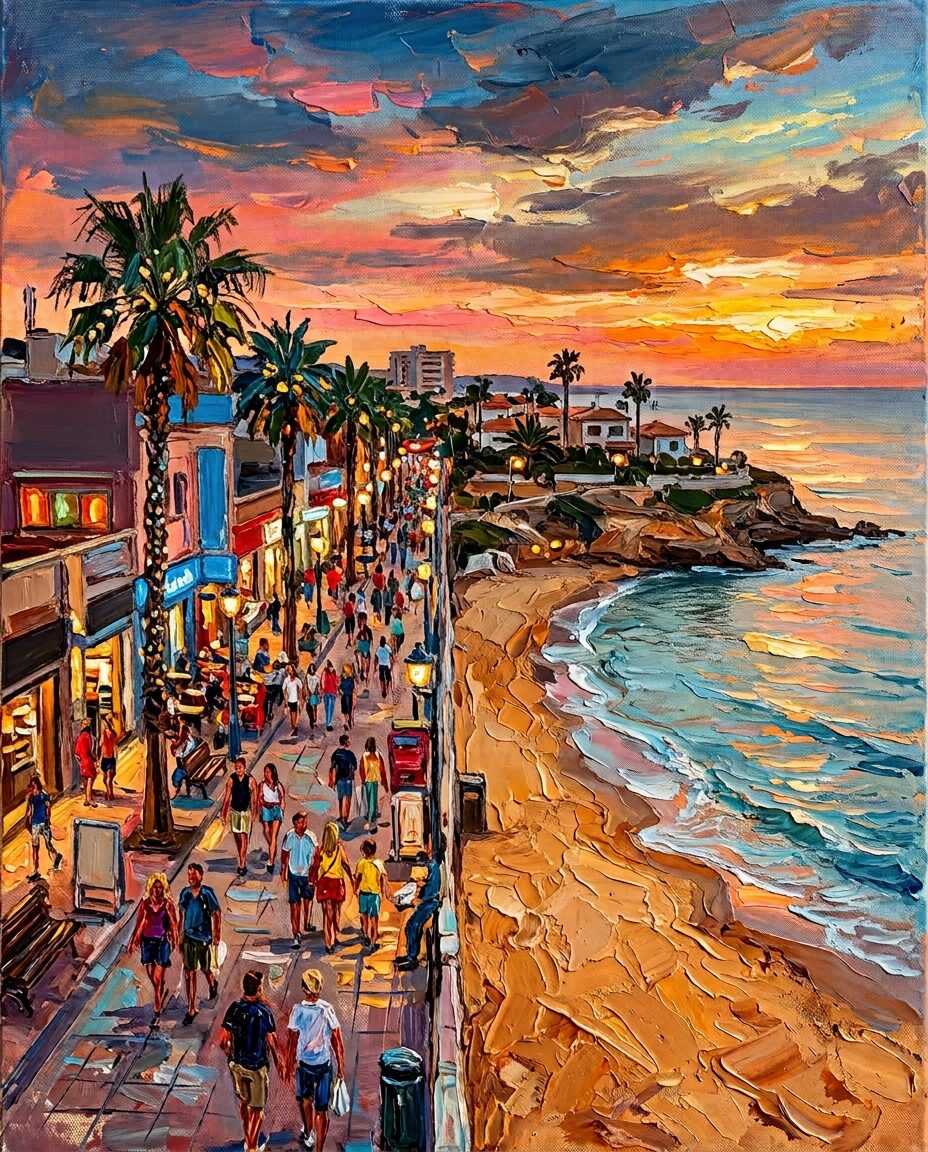 Sunset view of a Costa Blanca seafront promenade near La Zenia and Punta Prima with palm trees and people walking