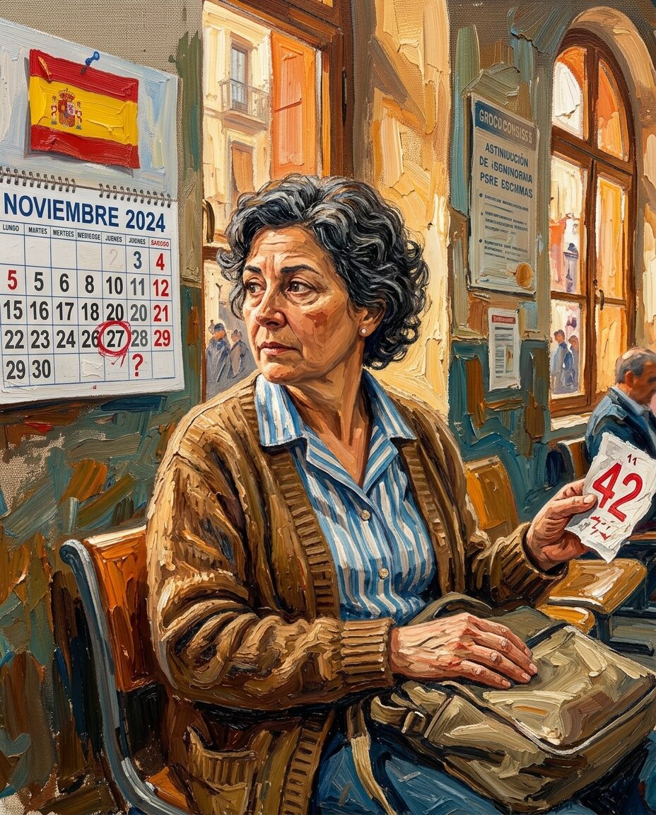 Illustration of a person waiting at a Spanish police station office with a numbered ticket and a marked calendar, representing the NIE application appointment wait