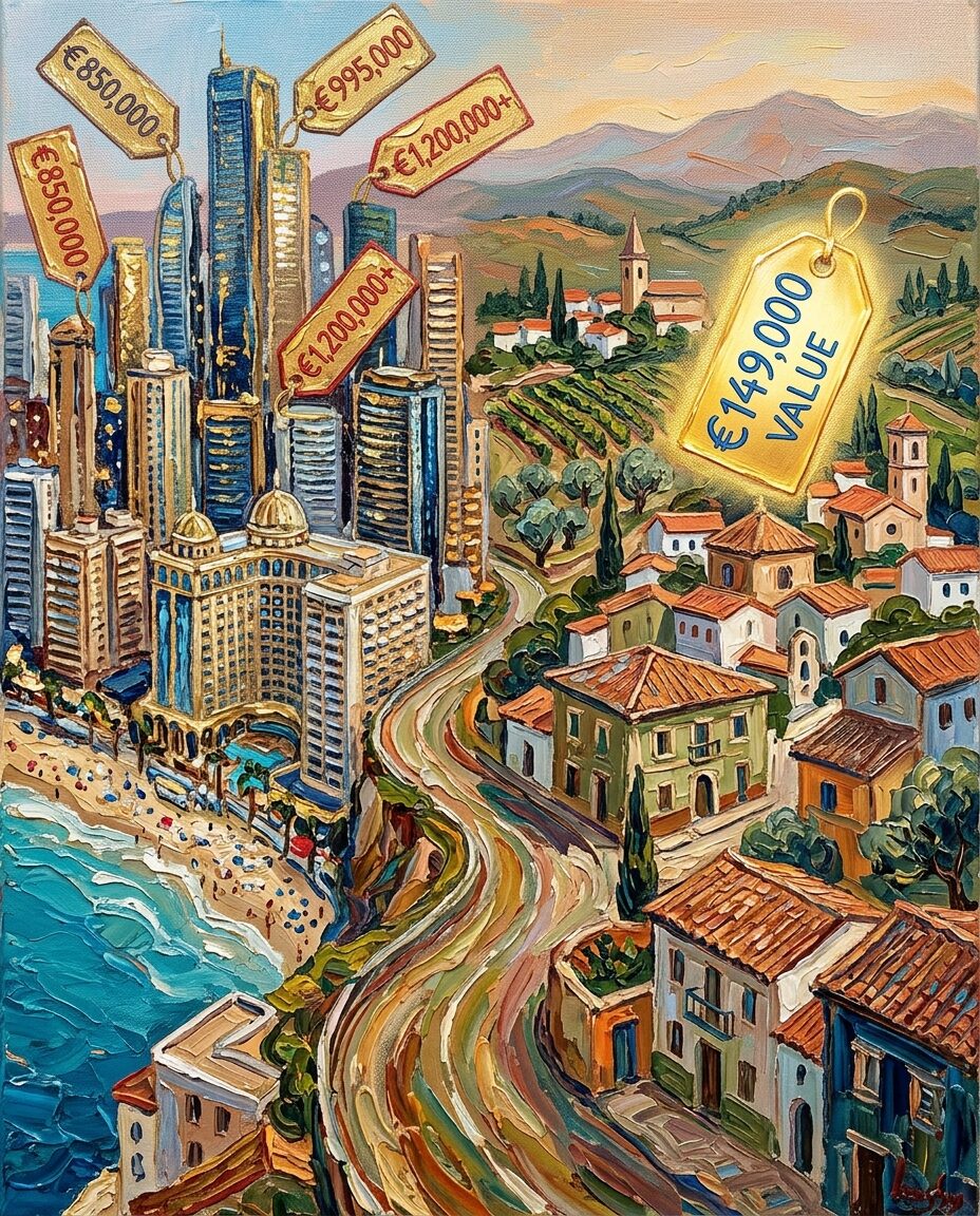 Illustration contrasting expensive city skyline price tags with an affordable countryside village property value