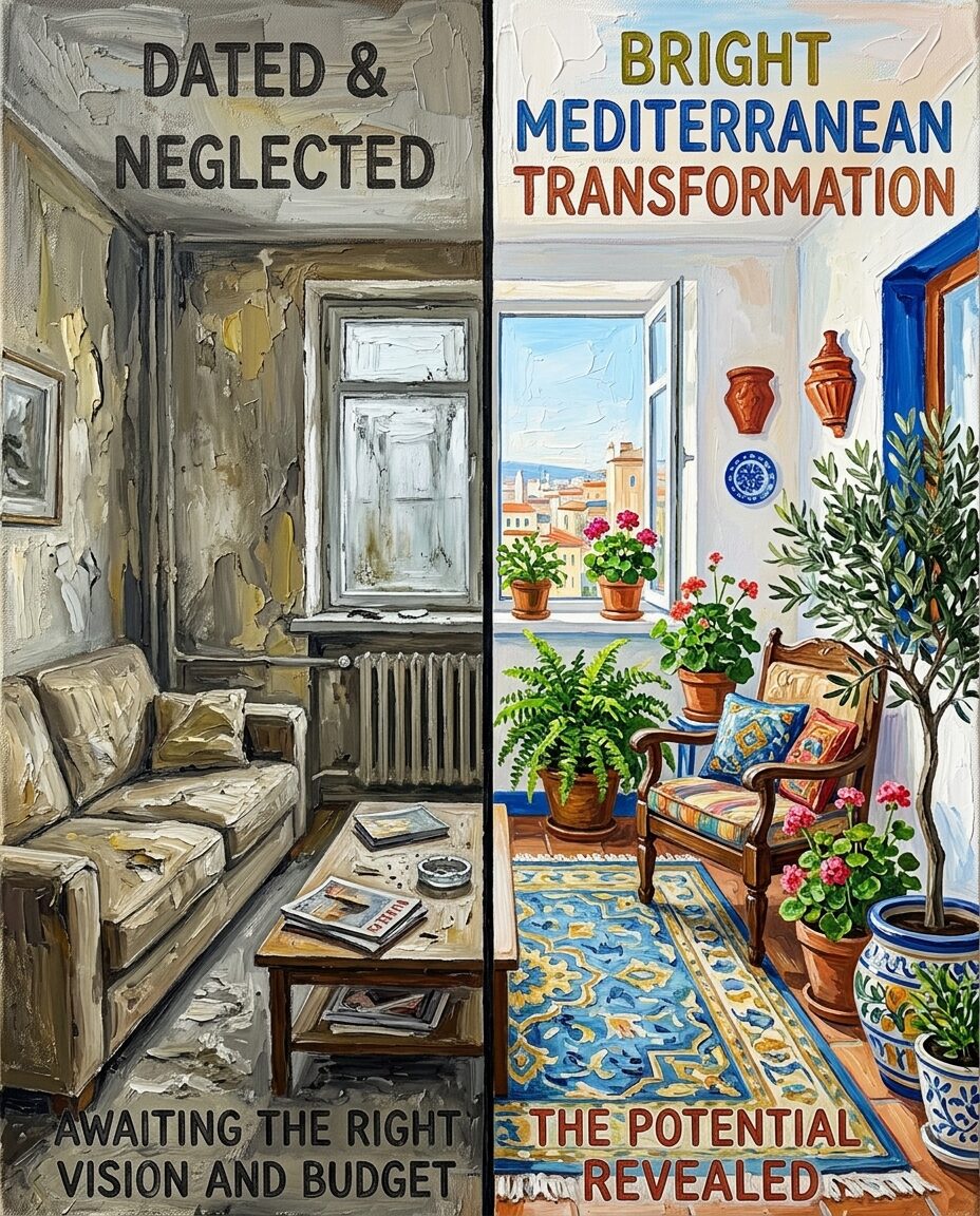 Before and after split image of a dated apartment interior transformed into a bright renovated Mediterranean living room
