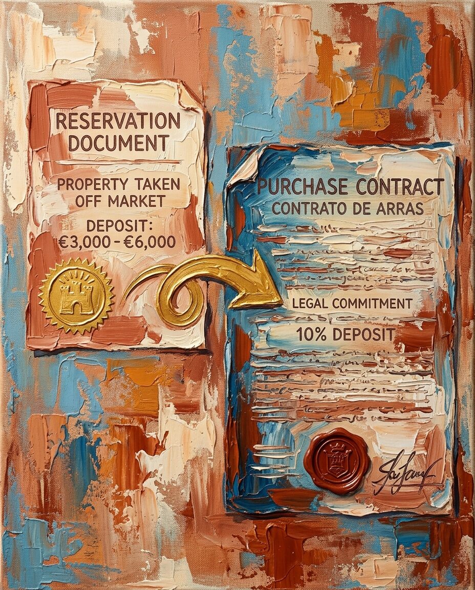 Illustration showing a reservation document flowing into a purchase contract with a seal, representing the two stages of a Spanish property deal
