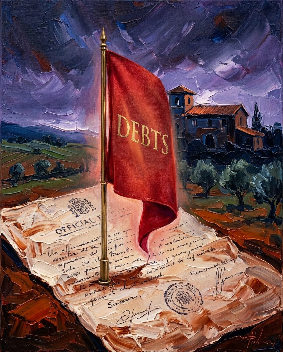 Illustration of an official document with a warning flag, representing checking a property for debts in Spain