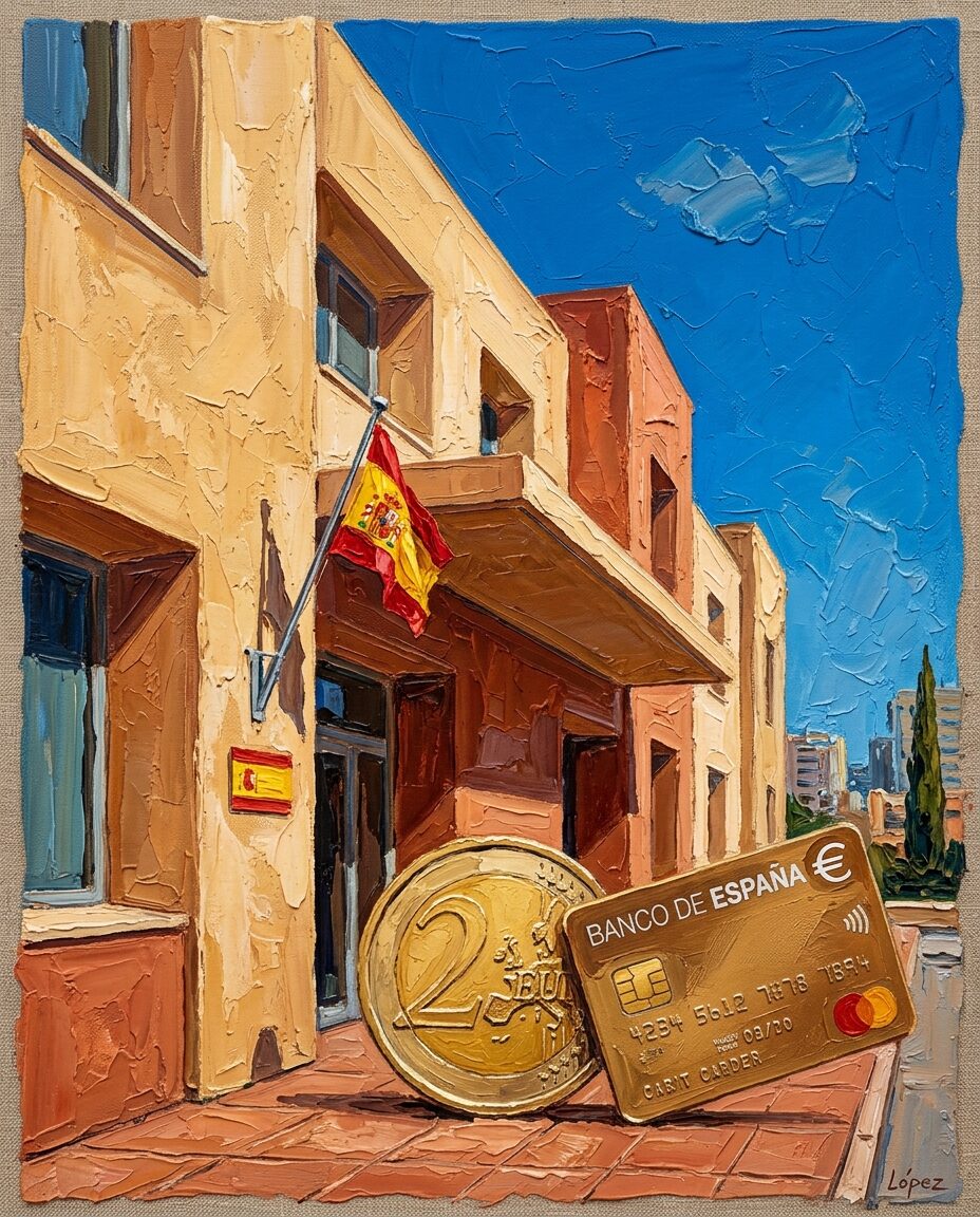 Illustration of the Banco de España building with a euro coin and bank card, representing opening a Spanish bank account