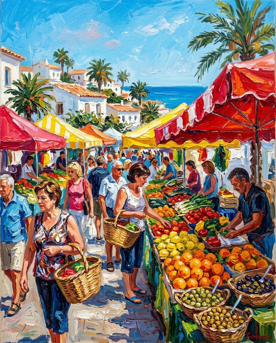 Illustration of a bustling open-air street market with fruit and vegetable stalls on Costa Blanca