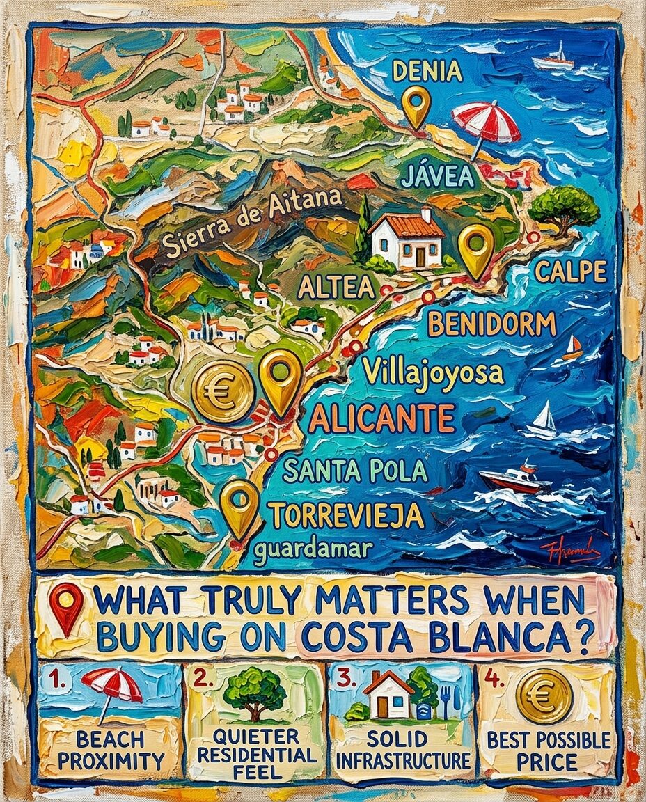 Illustrated map of the Costa Blanca coastline highlighting beach proximity, quiet residential feel, infrastructure and price